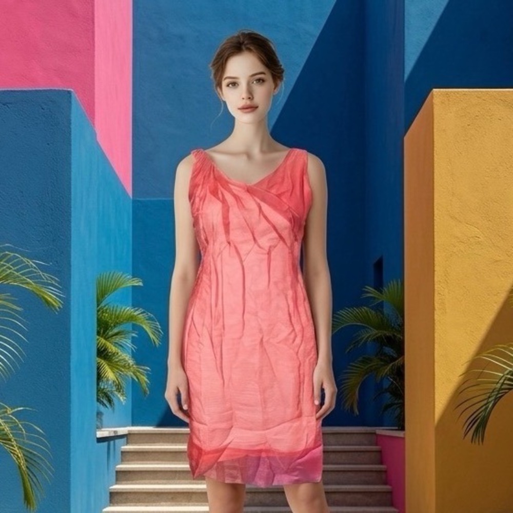 BCBGMAXAZRIA Runway Silk Crinkle Cocktail Dress Coral Pink SAN66391 No Belt SZ 6